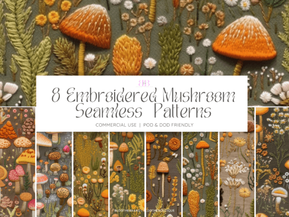 8 Embroidered Mushroom Seamless Patterns for Graphics and Branding