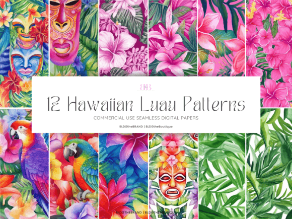 Hawaiian Tiki Luau Seamless Patterns: Vibrant Graphics for Crafting