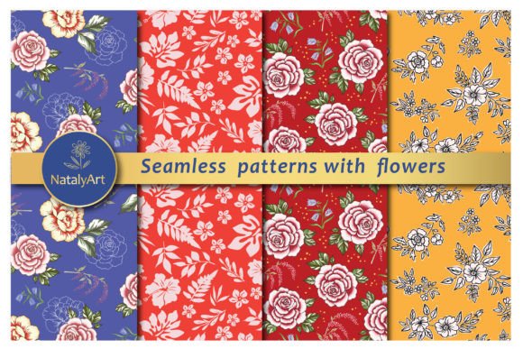 Set of Seamless Patterns with Flowers for Graphics & Patterns