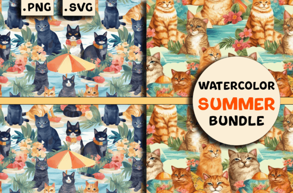 Watercolor Summer Cats Patterns Bundle for Graphics & Freebies